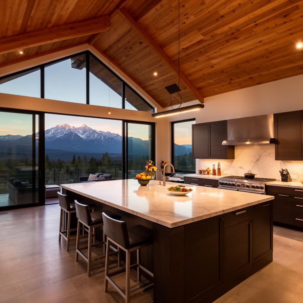 Luxury kitchen with vaulted wood ceiling and Cascade mountain view