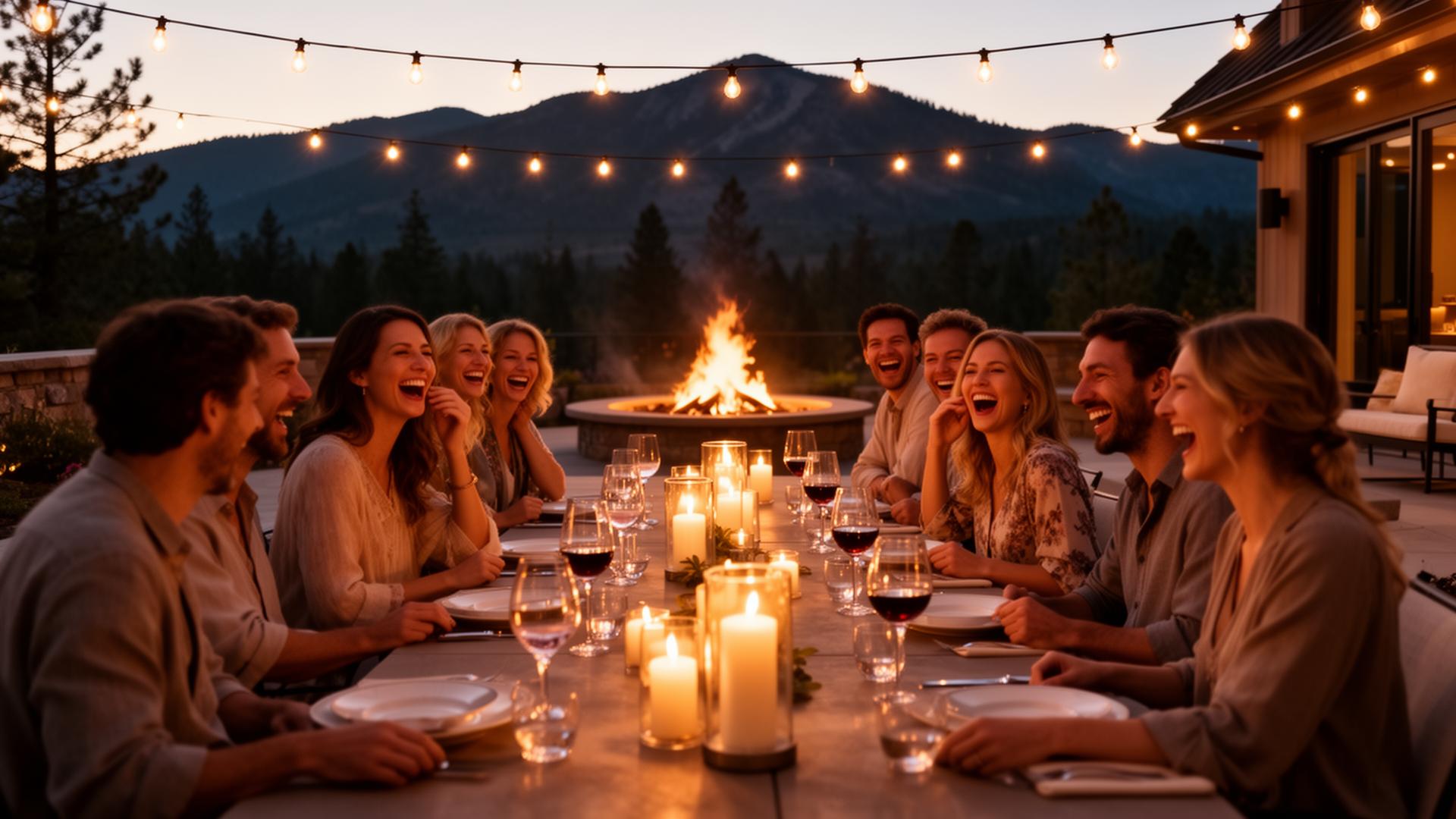 Friends gathered around a candlelit outdoor dinner in Central Oregon